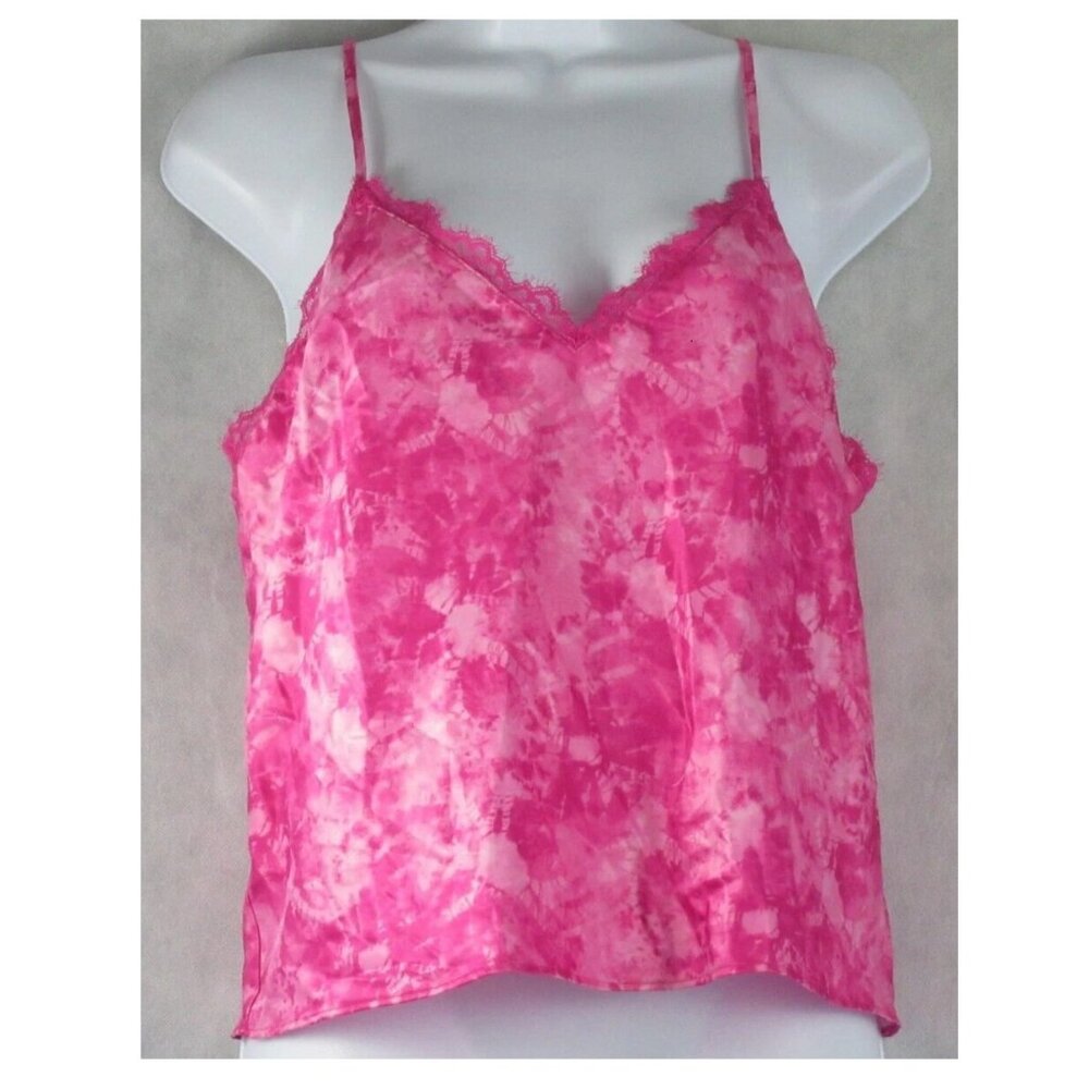 INC Women's Sleeveless Lace-Trim Satin Pajama Top, Pink Tie Dye, Small